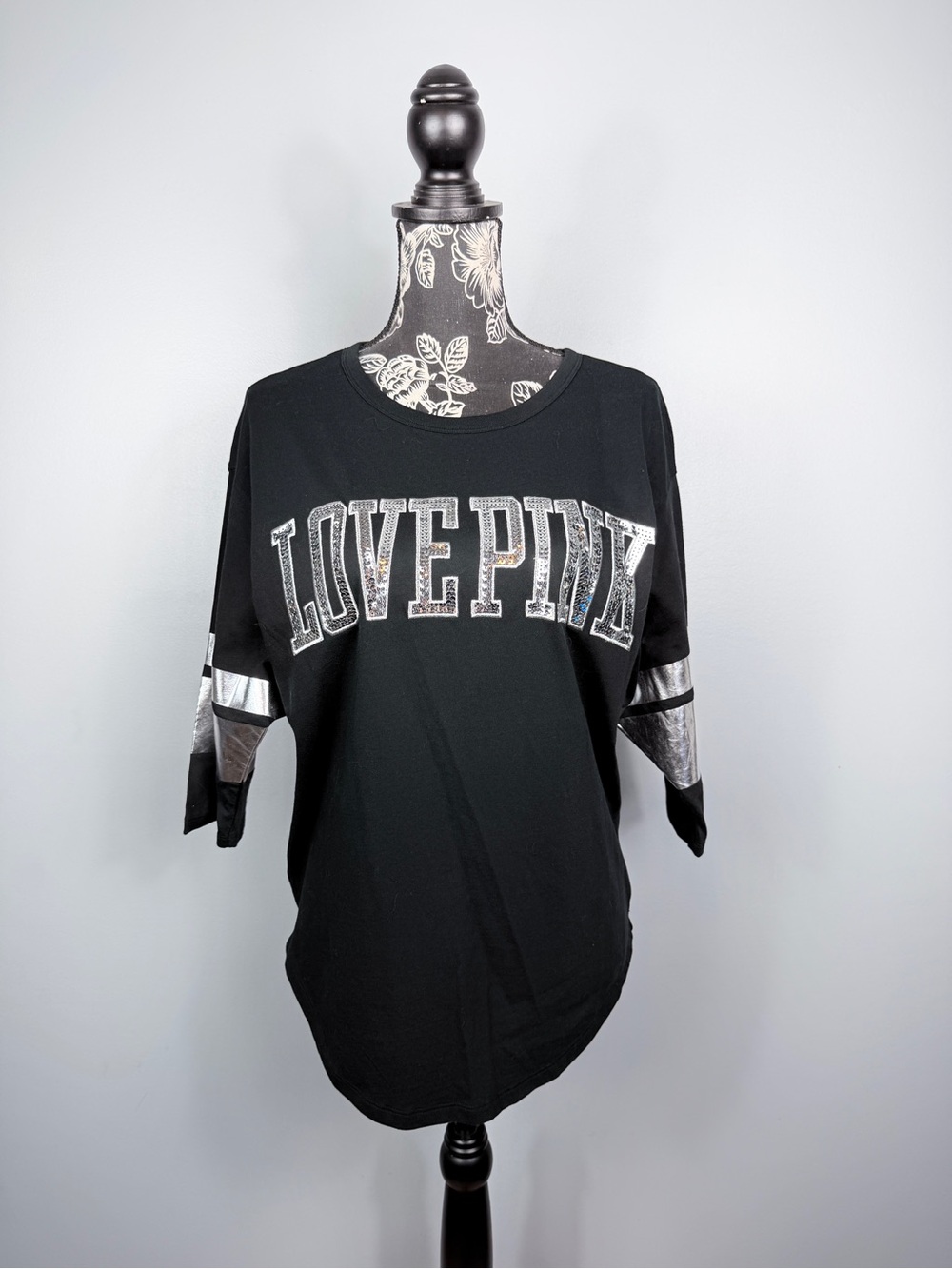 NWT VS Pink black love pink oversize jersey style bling top size XS